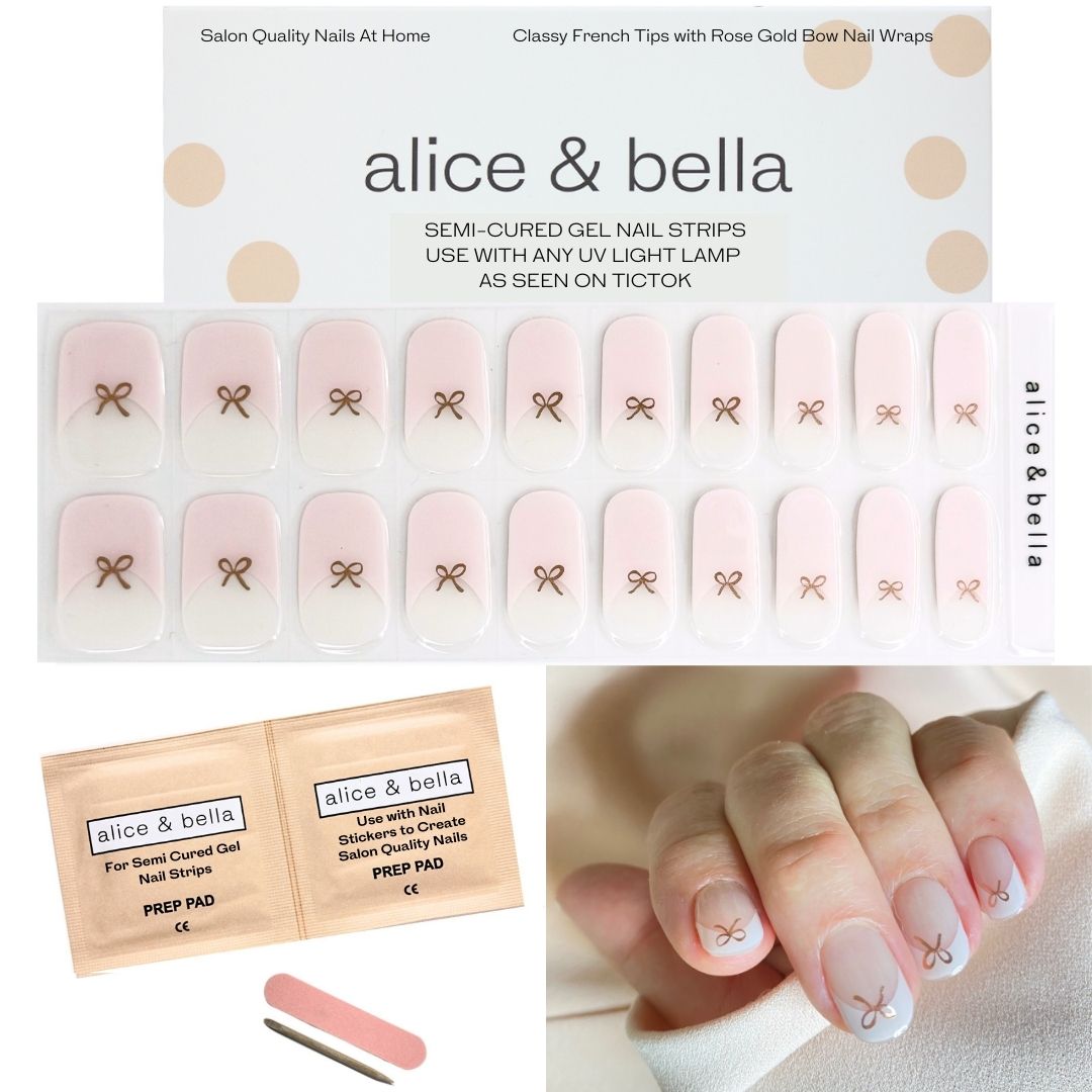 French + Rose Gold Bow Semi-Cured Gel Nail Strips